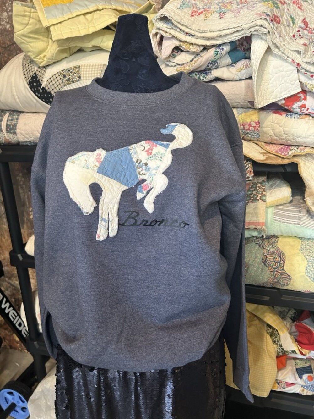 Ford Bronco Quilt Patchwork , Upcycled Vintage Sweatshirt, Heather Blue Size S